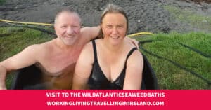 Katleen and David in a whiskey Barrel filled with Seaweed and hot water